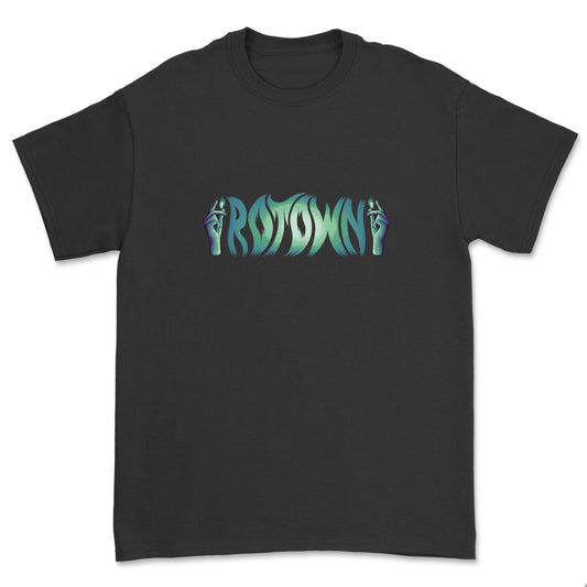 T-shirt 'Rotown Vuur' • Groot groen logo