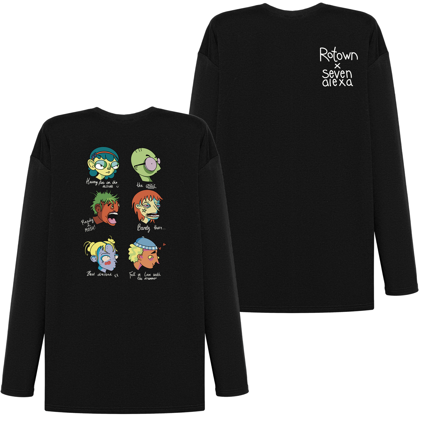 Longsleeve 'Rotown Concertgangers' • Voor- en achterkant • Kleur met witte tekst