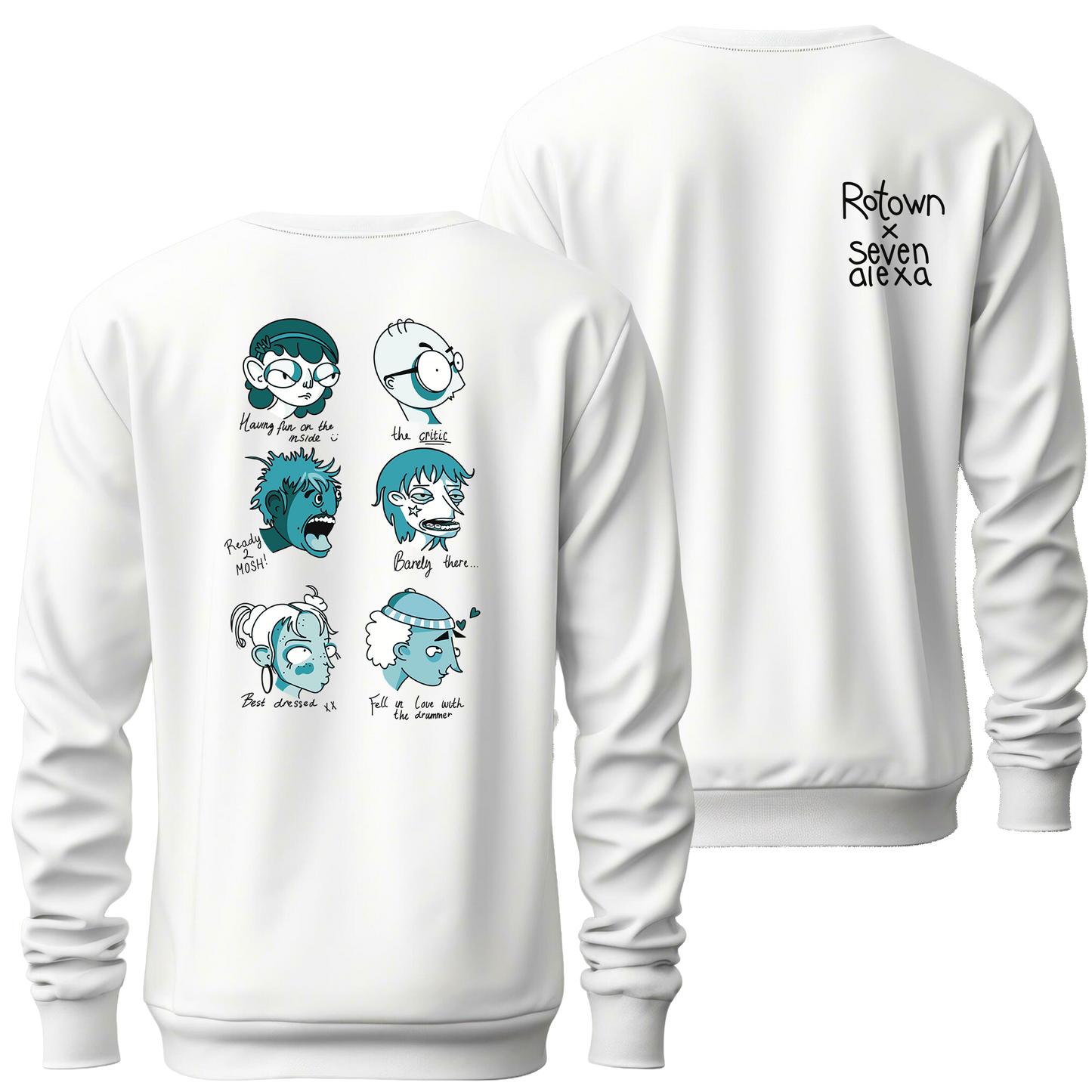 Sweater 'Rotown Concertgangers' • Voor- en achterkant • Groen met zwarte tekst