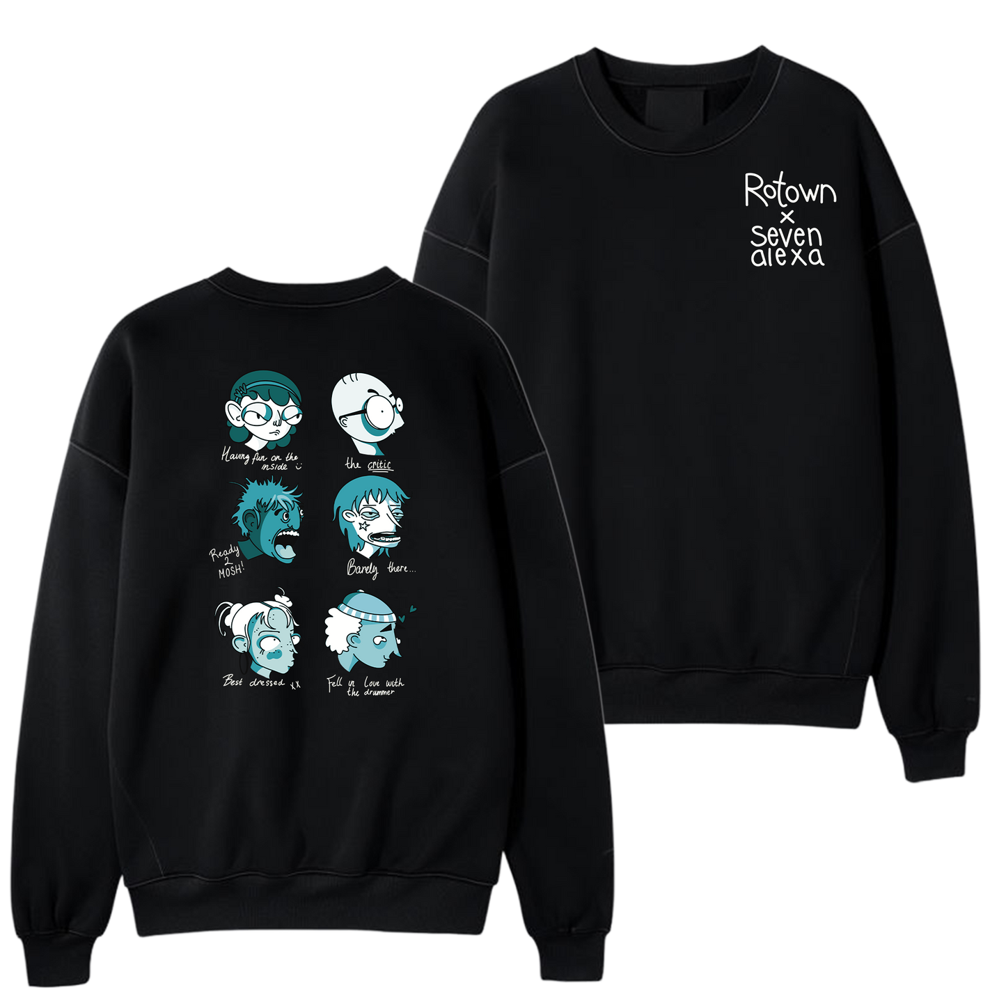 Sweater 'Rotown Concertgangers' • Voor- en achterkant • Groen met witte tekst