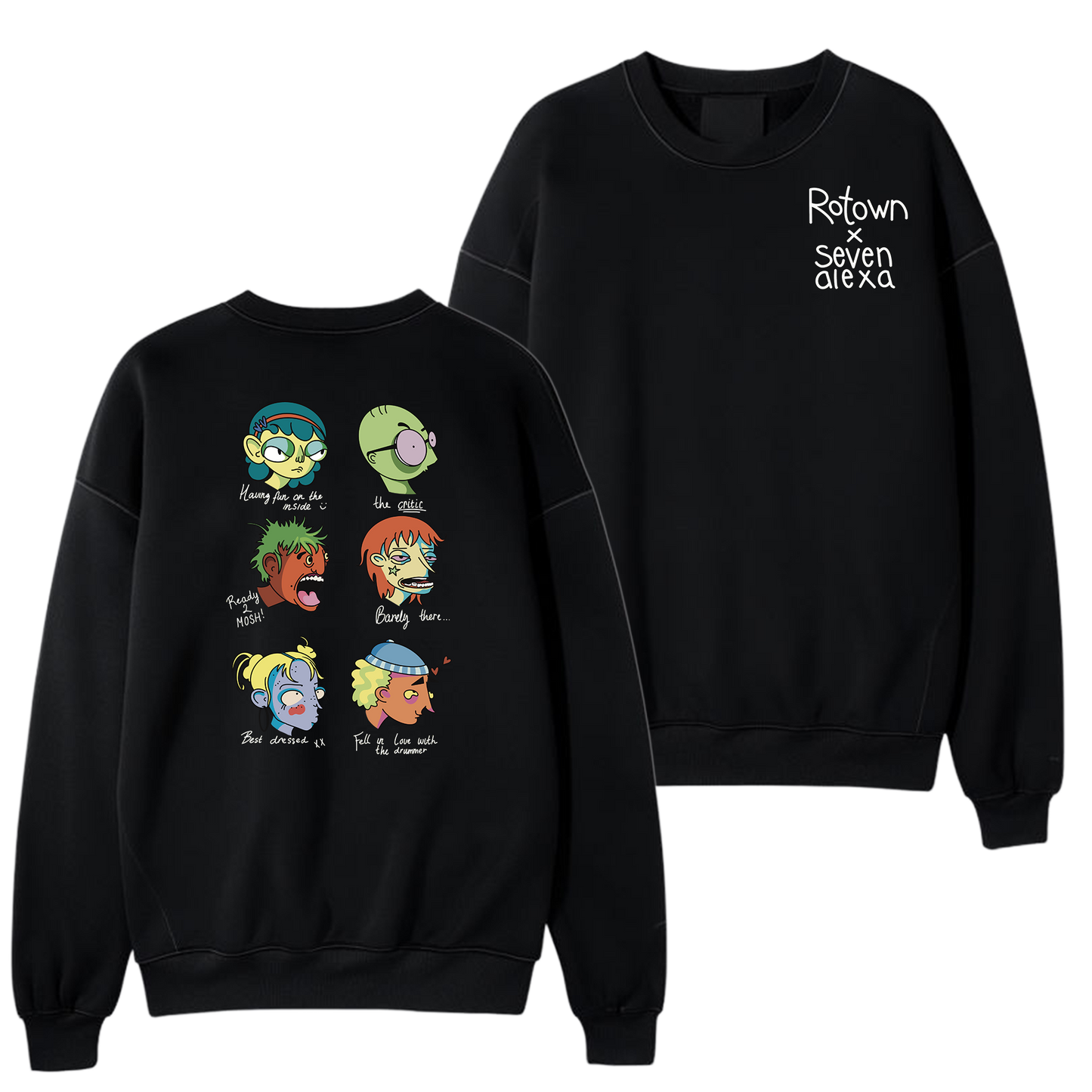 Sweater 'Rotown Concertgangers' • Voor- en achterkant • Kleur met witte tekst